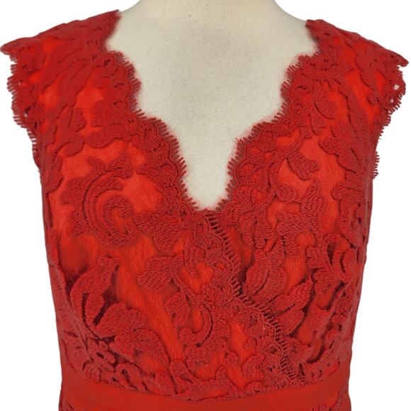 Tadashi Shoji Red Coral Chantilly Lace Sleeveless Sheath Cocktail Dress Size 8 - Picture 9 of 10